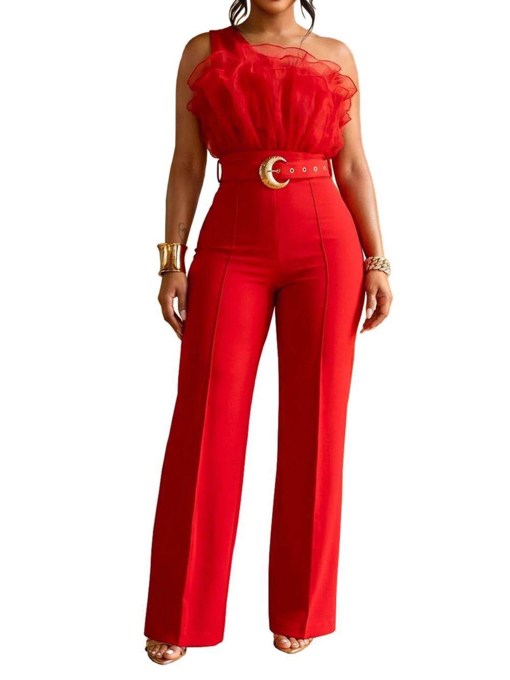One-Shoulder Ruffled Wide-Leg Jumpsuit - Picture 8 of 9